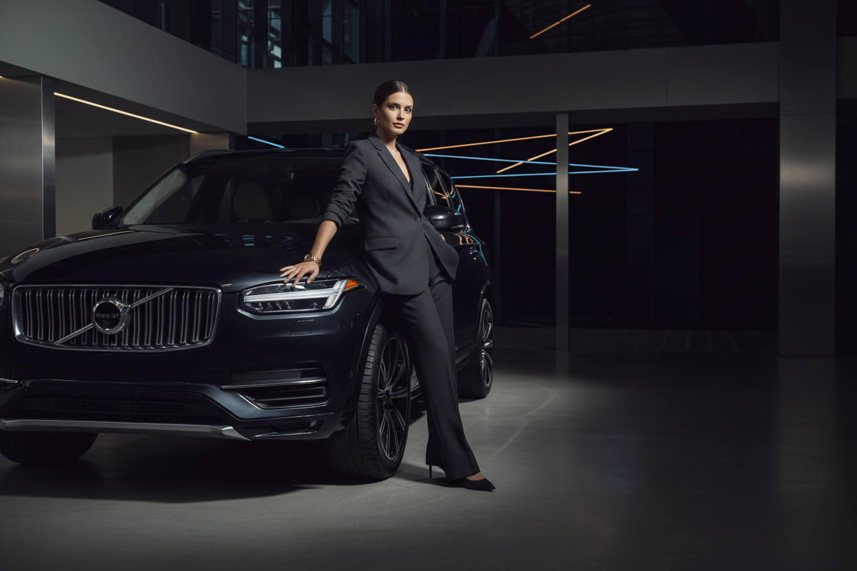 WOMEN STANDING LEANING ON THE VOLVO CAR WITH DARK THEME BACKGROUND